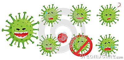 Set of emoji with coronovirus COVID-19. Evil smile, fear, surprise, fear, horror, crying, tears, question, forbidden Vector Illustration